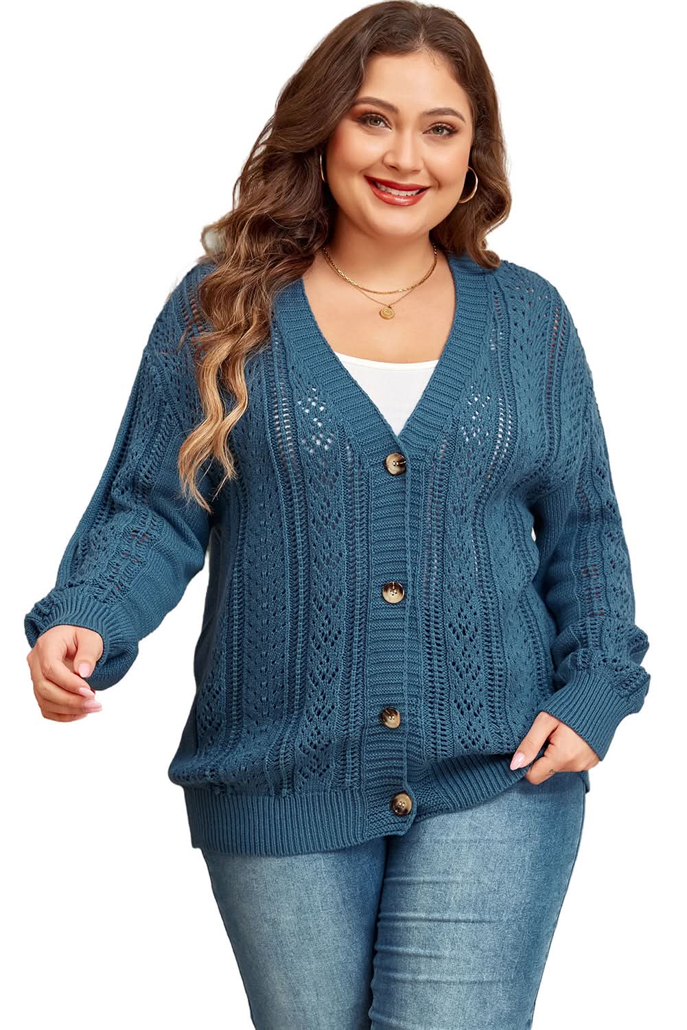 Real Teal Open Knit V Neck Button Front Drop Shoulder Plus Size Cardigan - Love Salve